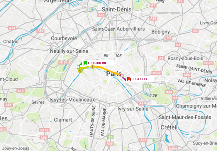 plan itinéraire ratp de Trocadéro à Bastille