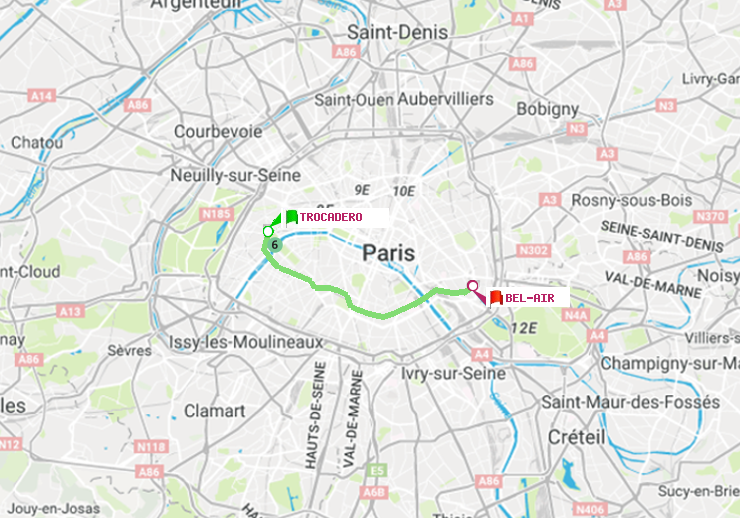 plan itinéraire ratp de Trocadéro à Bel-Air