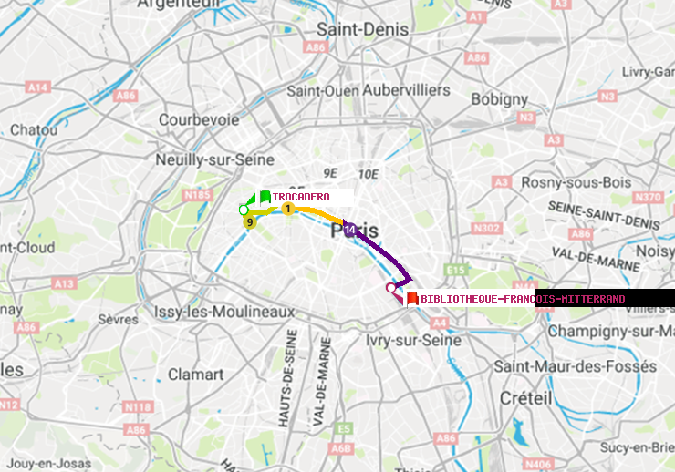 plan itinéraire ratp de Trocadéro à Bibliotheque-Francois Mitterrand