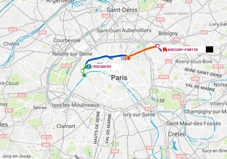 plan itinéraire ratp de Trocadéro à Bobigny-Pantin (Raymond Queneau)