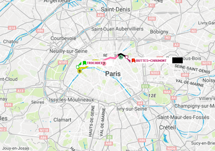 plan itinéraire ratp de Trocadéro à Buttes-Chaumont