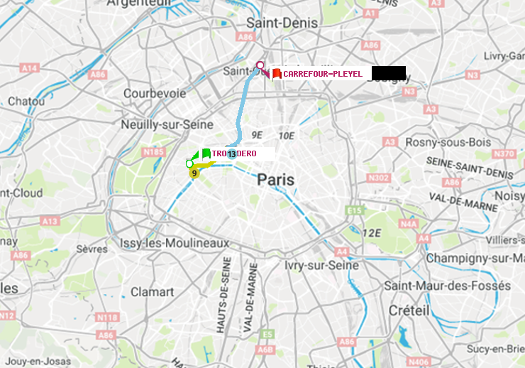 plan itinéraire ratp de Trocadéro à Carrefour-Pleyel