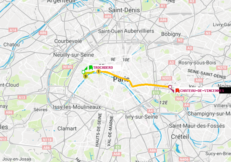 plan itinéraire ratp de Trocadéro à Château de Vincennes