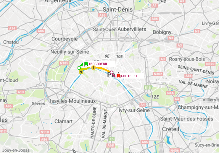plan itinéraire ratp de Trocadéro à Châtelet