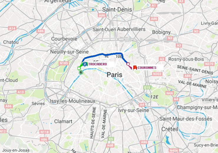plan itinéraire ratp de Trocadéro à Couronnes