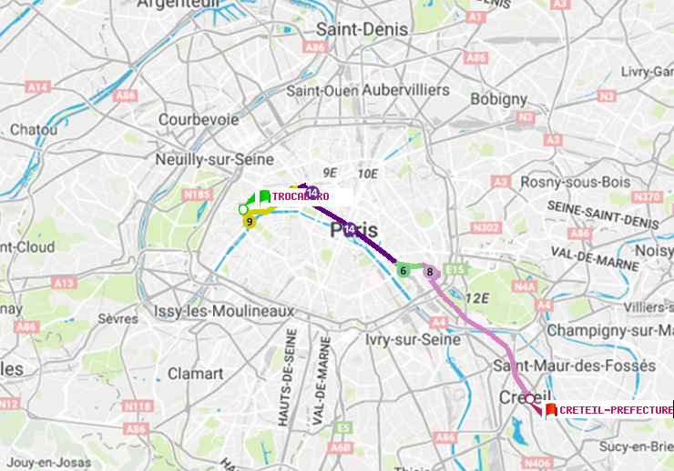 plan itinéraire ratp de Trocadéro à Créteil-Préfecture (Hôtel de Ville)