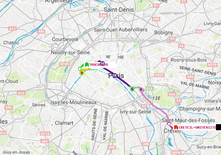 plan itinéraire ratp de Trocadéro à Créteil-Université