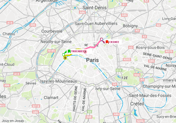 plan itinéraire ratp de Trocadéro à Crimée