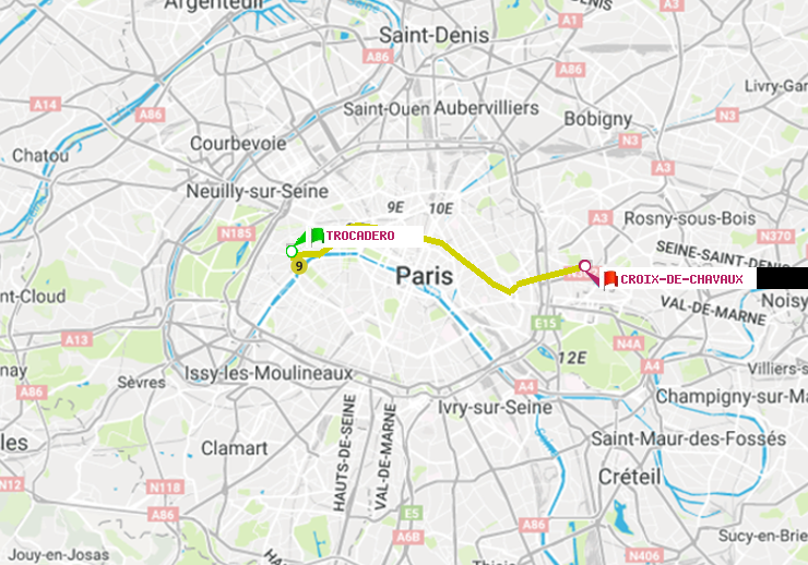 plan itinéraire ratp de Trocadéro à Croix-de-Chavaux (Jacques Duclos)