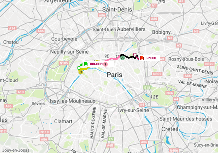 plan itinéraire ratp de Trocadéro à Danube