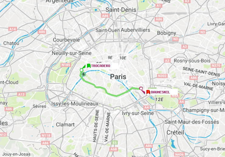 plan itinéraire ratp de Trocadéro à Daumesnil (Félix Eboué)
