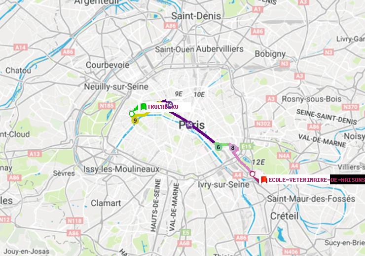 plan itinéraire ratp de Trocadéro à Ecole Vétérinaire de Maisons-Alfort