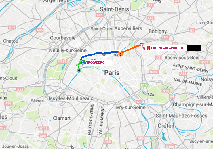 plan itinéraire ratp de Trocadéro à Eglise de Pantin