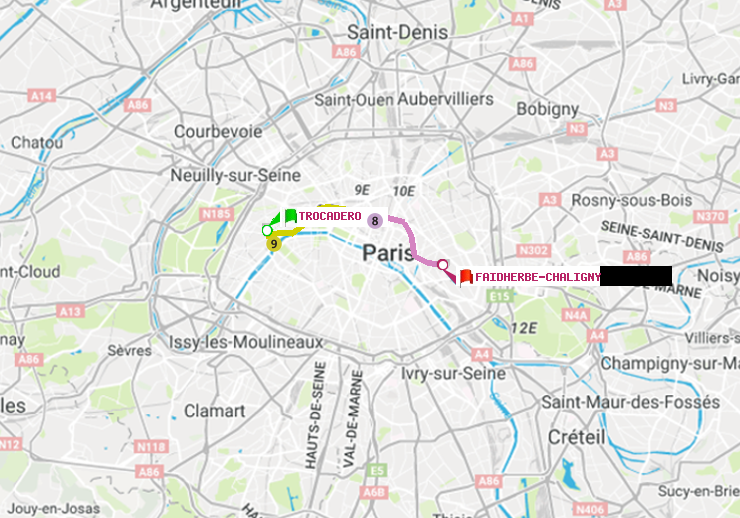 plan itinéraire ratp de Trocadéro à Faidherbe-Chaligny