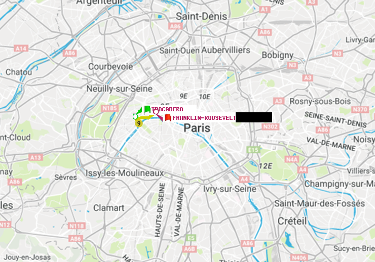 plan itinéraire ratp de Trocadéro à Franklin-Roosevelt
