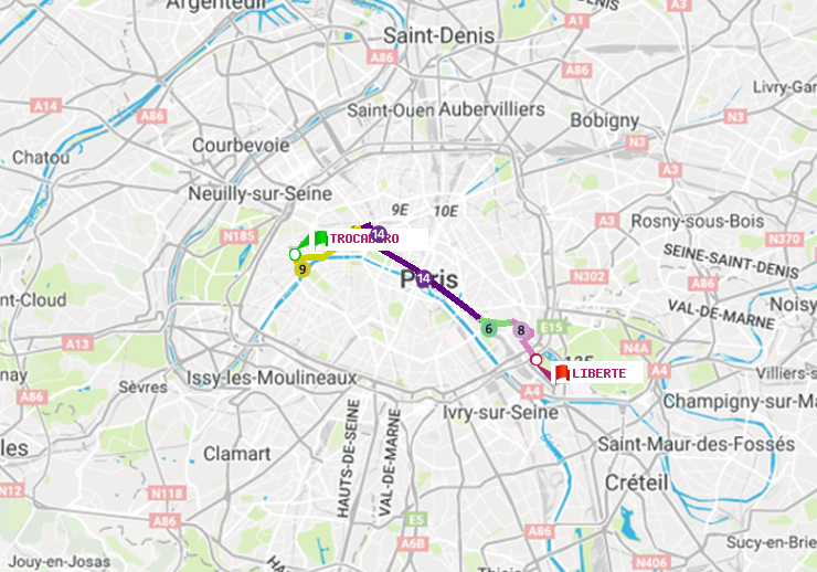 plan itinéraire ratp de Trocadéro à Liberté