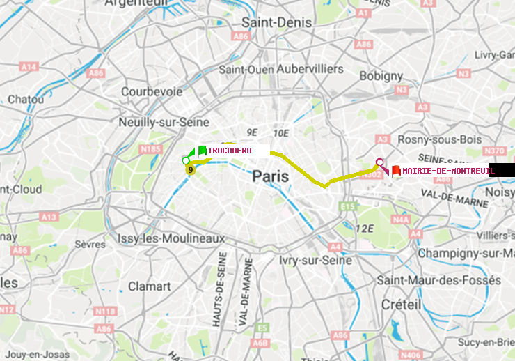 plan itinéraire ratp de Trocadéro à Mairie de Montreuil