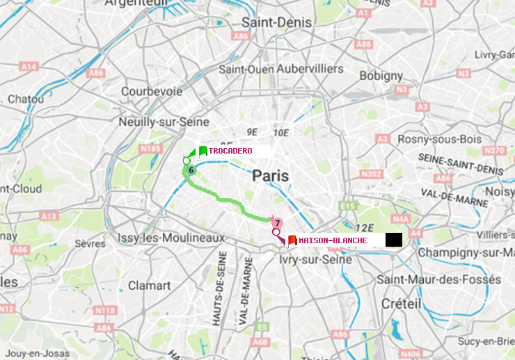 plan itinéraire ratp de Trocadéro à Maison Blanche