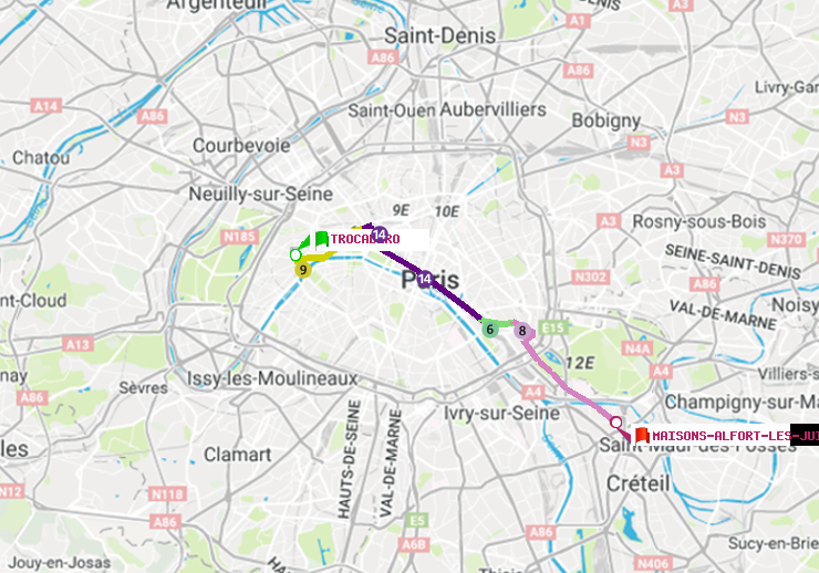 plan itinéraire ratp de Trocadéro à Maisons-Alfort-Les Juilliottes