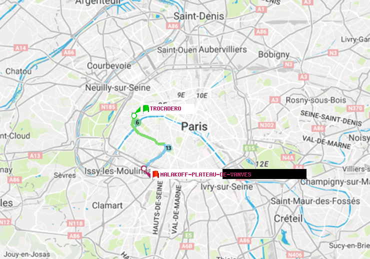 plan itinéraire ratp de Trocadéro à Malakoff-Plateau de Vanves