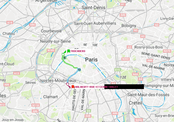 plan itinéraire ratp de Trocadéro à Malakoff-Rue Etienne Dolet