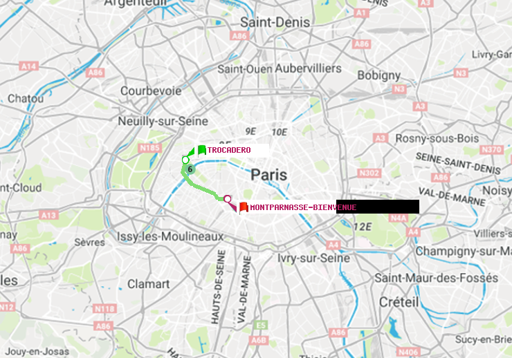 plan itinéraire ratp de Trocadéro à Montparnasse-Bienvenue
