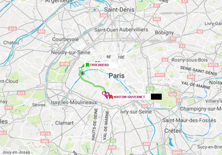 plan itinéraire ratp de Trocadéro à Mouton-Duvernet
