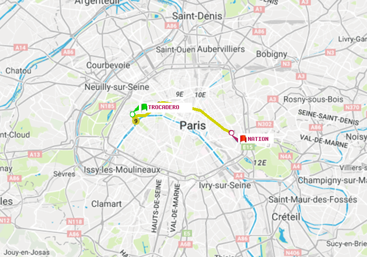 plan itinéraire ratp de Trocadéro à Nation