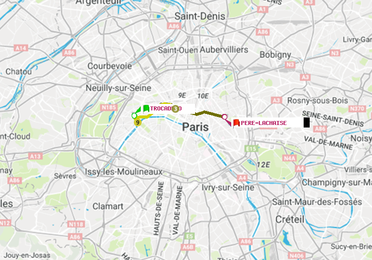 plan itinéraire ratp de Trocadéro à Père-Lachaise