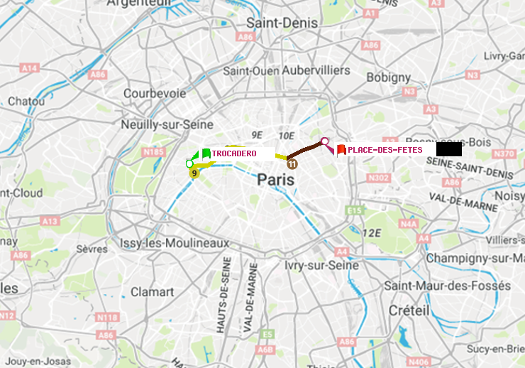 plan itinéraire ratp de Trocadéro à Place des Fêtes