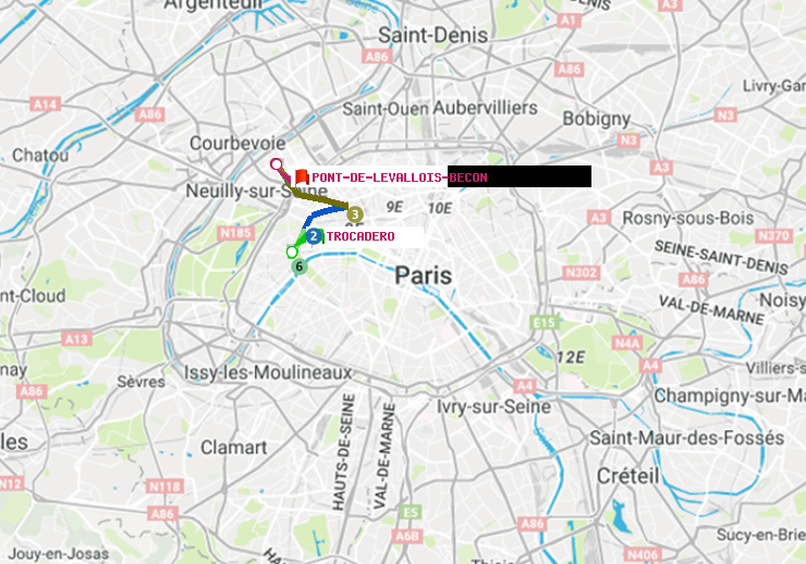 plan itinéraire ratp de Trocadéro à Pont de Levallois-Bécon
