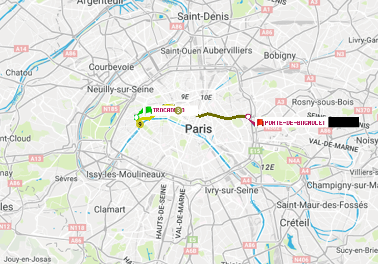 plan itinéraire ratp de Trocadéro à Porte de Bagnolet