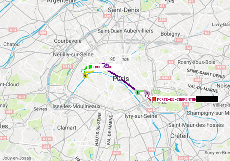 plan itinéraire ratp de Trocadéro à Porte de Charenton