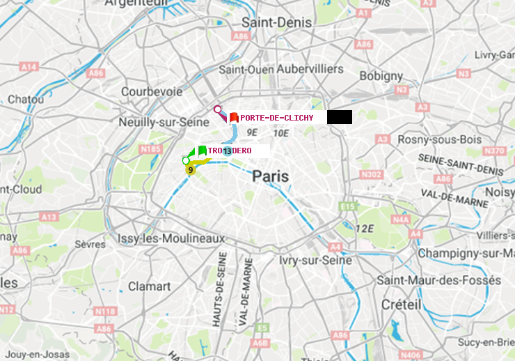 plan itinéraire ratp de Trocadéro à Porte de Clichy