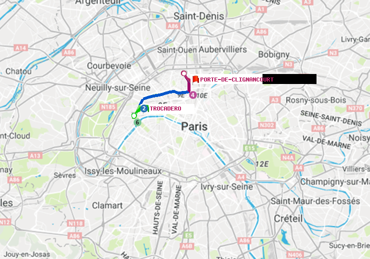 plan itinéraire ratp de Trocadéro à Porte de Clignancourt
