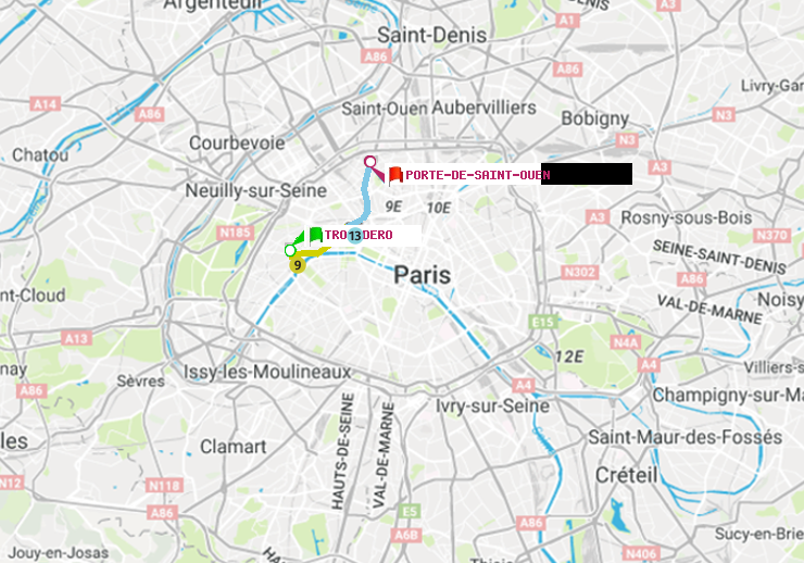 plan itinéraire ratp de Trocadéro à Porte de Saint-Ouen