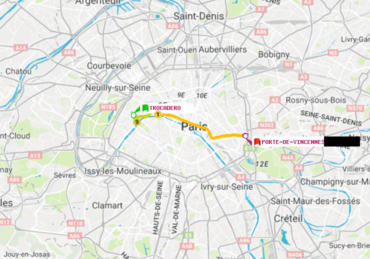 plan itinéraire ratp de Trocadéro à Porte de Vincennes