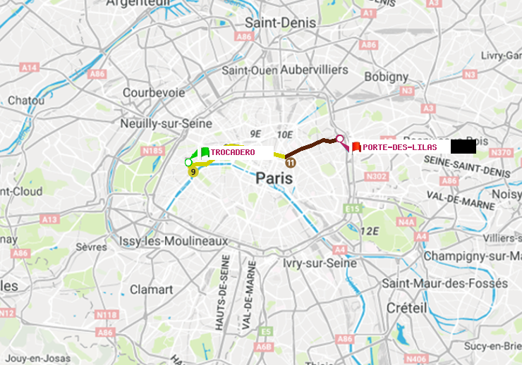 plan itinéraire ratp de Trocadéro à Porte des Lilas