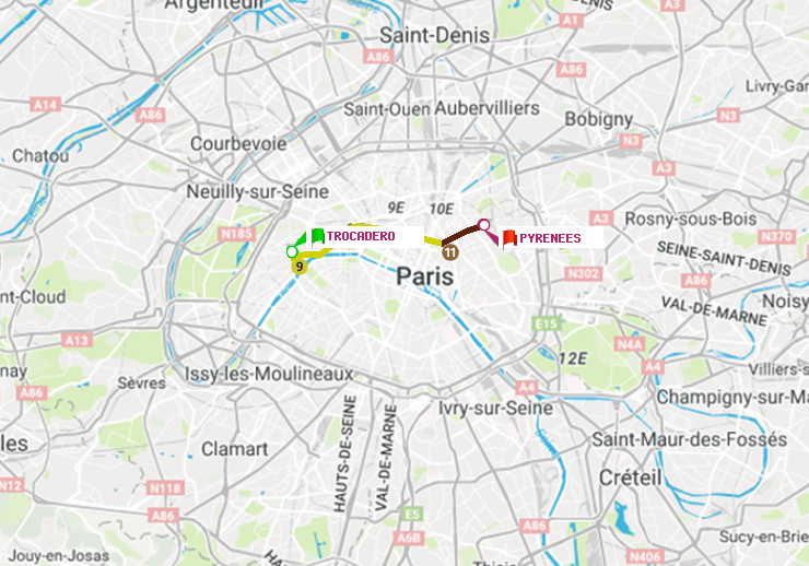 plan itinéraire ratp de Trocadéro à Pyrenees