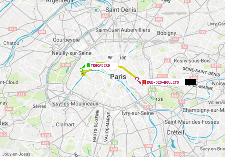 plan itinéraire ratp de Trocadéro à Rue des Boulets