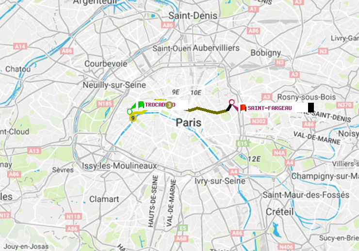 plan itinéraire ratp de Trocadéro à Saint-Fargeau