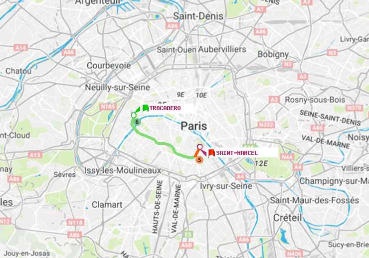 plan itinéraire ratp de Trocadéro à Saint-Marcel