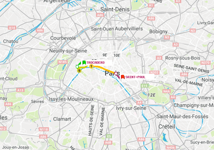 plan itinéraire ratp de Trocadéro à Saint-Paul (Le Marais)
