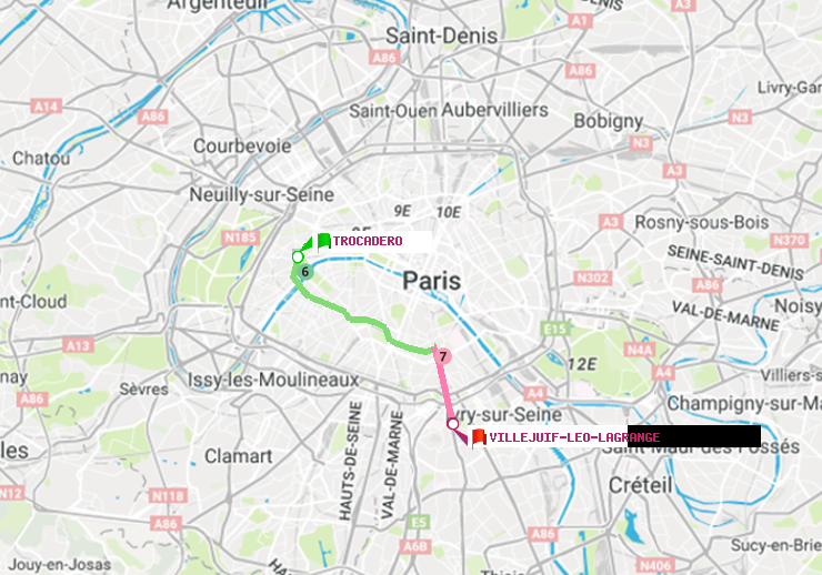 plan itinéraire ratp de Trocadéro à Villejuif-Léo Lagrange