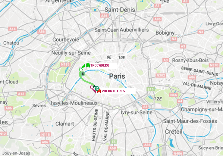 plan itinéraire ratp de Trocadéro à Volontaires