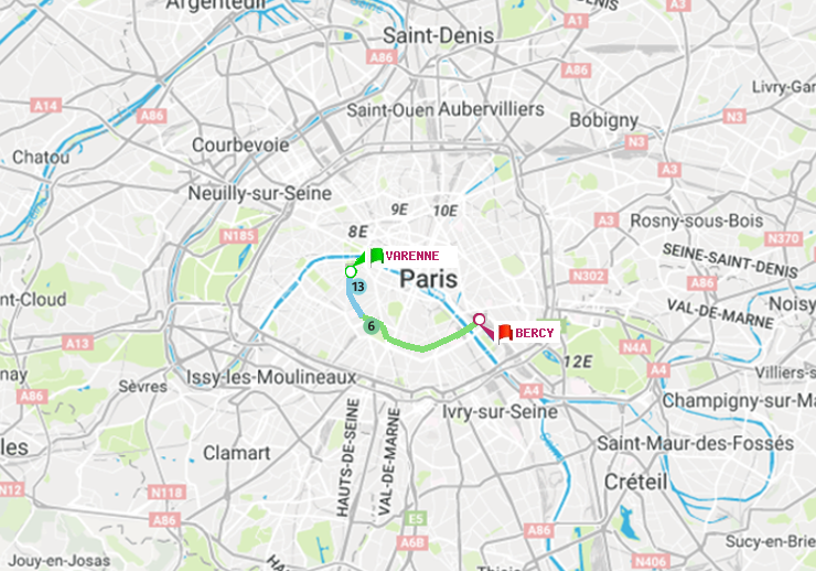 plan itinéraire ratp de Varenne à Bercy