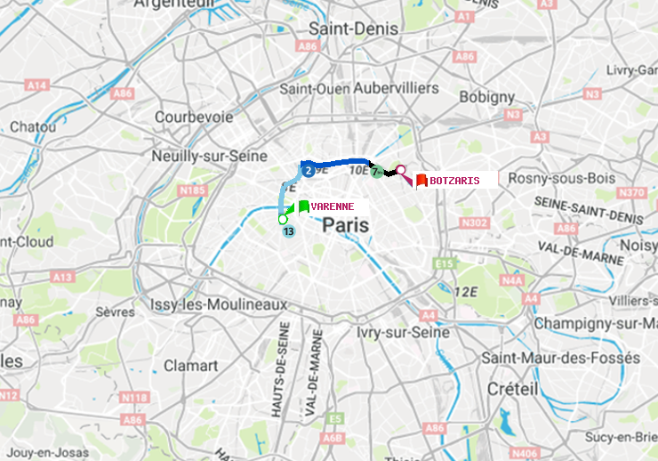 plan itinéraire ratp de Varenne à Botzaris