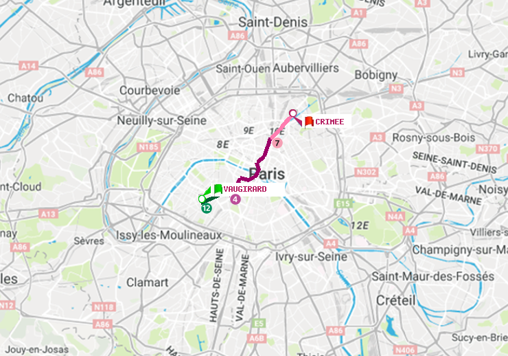 plan itinéraire ratp de Vaugirard (Adolphe Chérioux) à Crimée