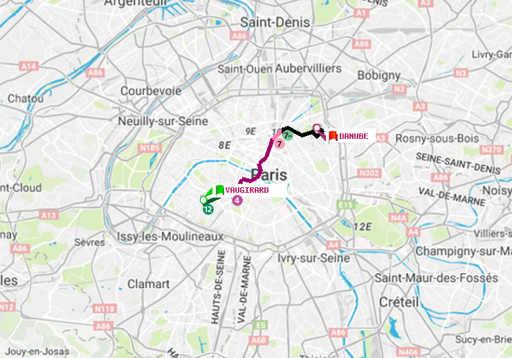 plan itinéraire ratp de Vaugirard (Adolphe Chérioux) à Danube