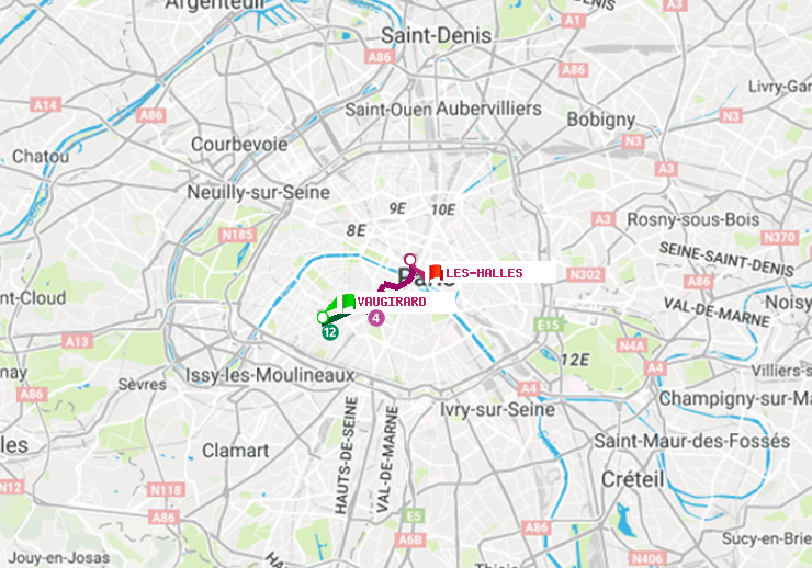 plan itinéraire ratp de Vaugirard (Adolphe Chérioux) à Les Halles